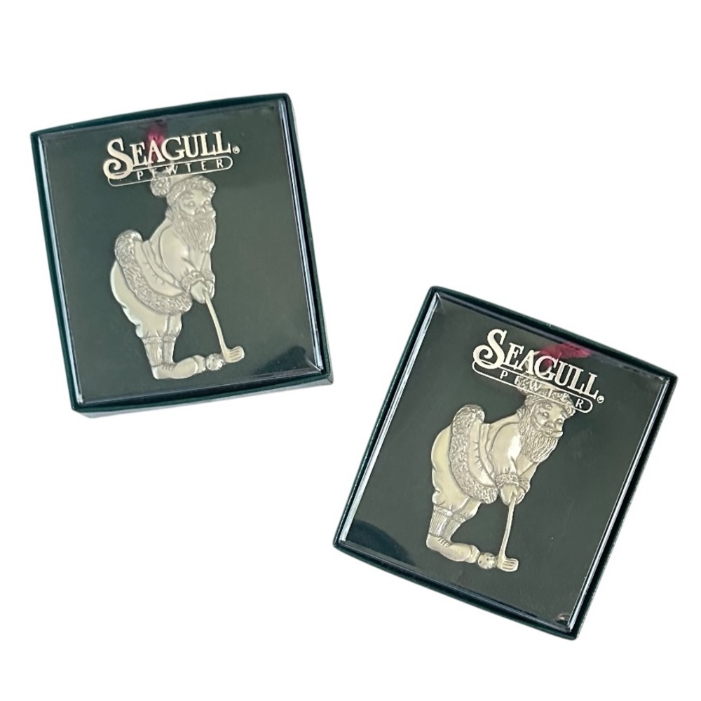 Set of 2 Seagull Vintage Pewter 1990 Golfing Santa Claus Christmas Ornaments - Picture 3 of 4